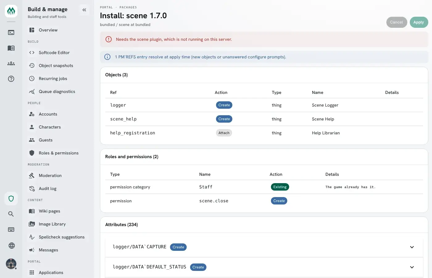 The review of the scene package on a server without the Scene plugin: a red line reads "Needs the scene plugin, which is not running on this server." and Apply is greyed out