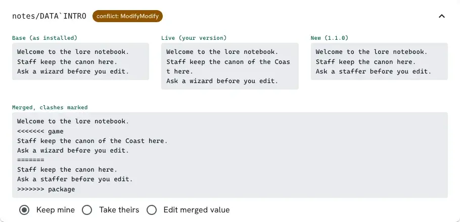 DATA`INTRO marked conflict: ModifyModify. Below the three values, Merged, clashes marked shows the shared first line, then the game's two lines and the package's two lines, each between conflict markers. Keep mine is selected.