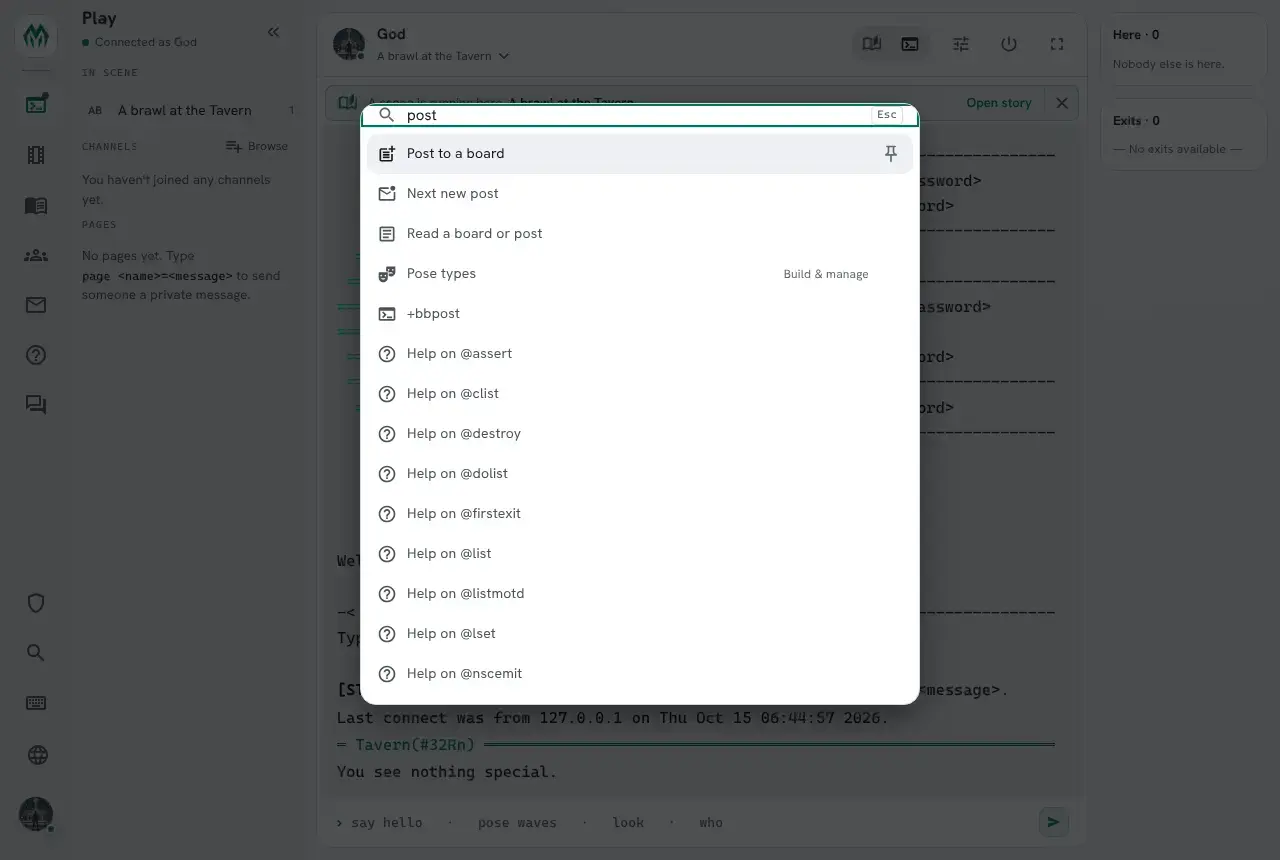 The palette with post typed. Post to a board, Next new post and Read a board or post come first, then the Pose types page, the built-in +bbpost, and help topics.