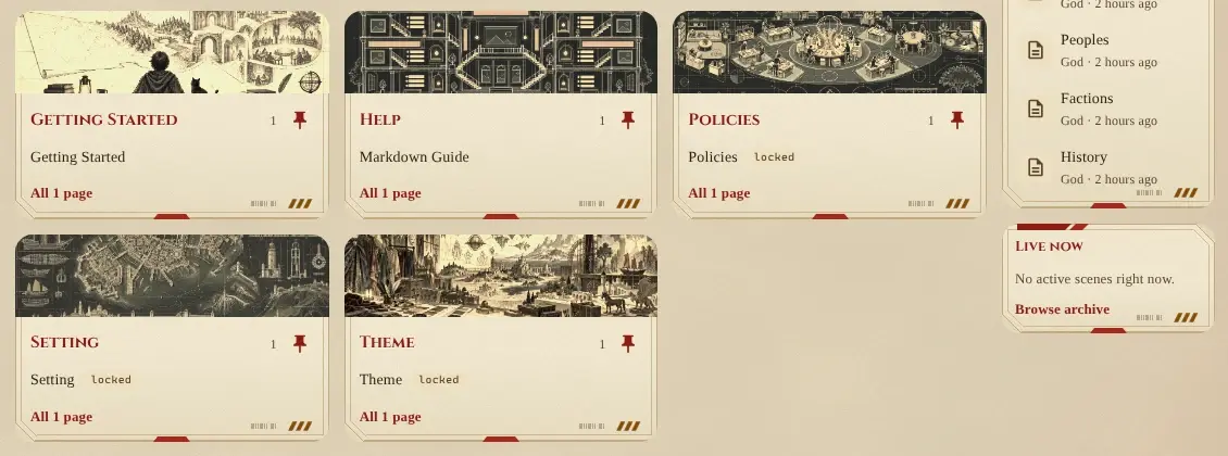 The wiki home in the Fantasy theme, its parchment page and red titles unchanged, with every card cut and panelled as Real Robot's armour plating instead of Fantasy's flourished corners