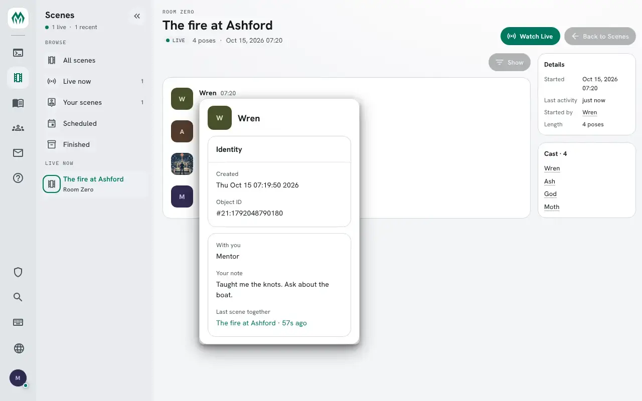 The scene The fire at Ashford, seen as Moth, with a card open over Wren's name: her avatar and name, an Identity box, and a second box with With you: Mentor, Your note, and Last scene together: The fire at Ashford, 57s ago, as a link.