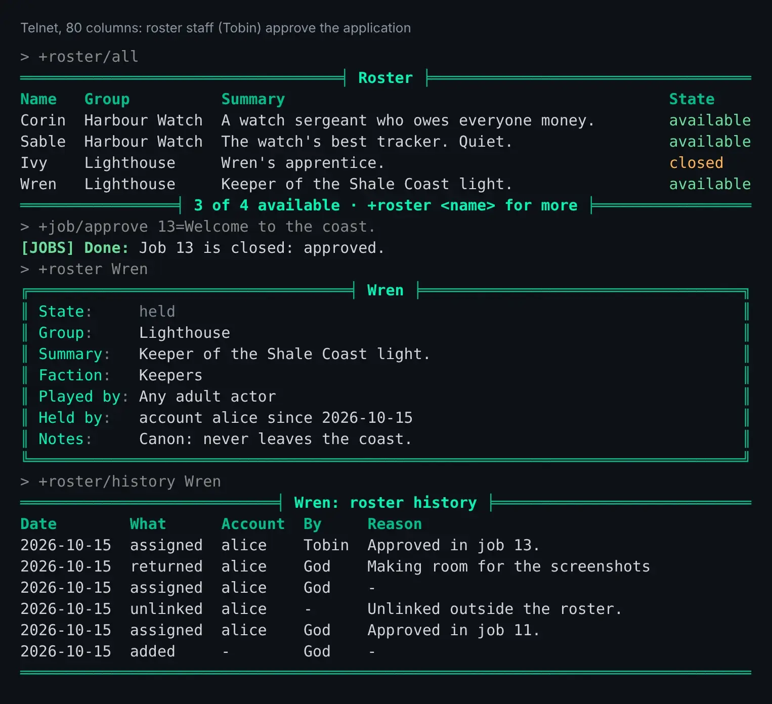 Roster staff in a terminal: +roster/all with each character's state, +job/approve 13, then Wren held by account alice and her history with Approved in job 13 at the top