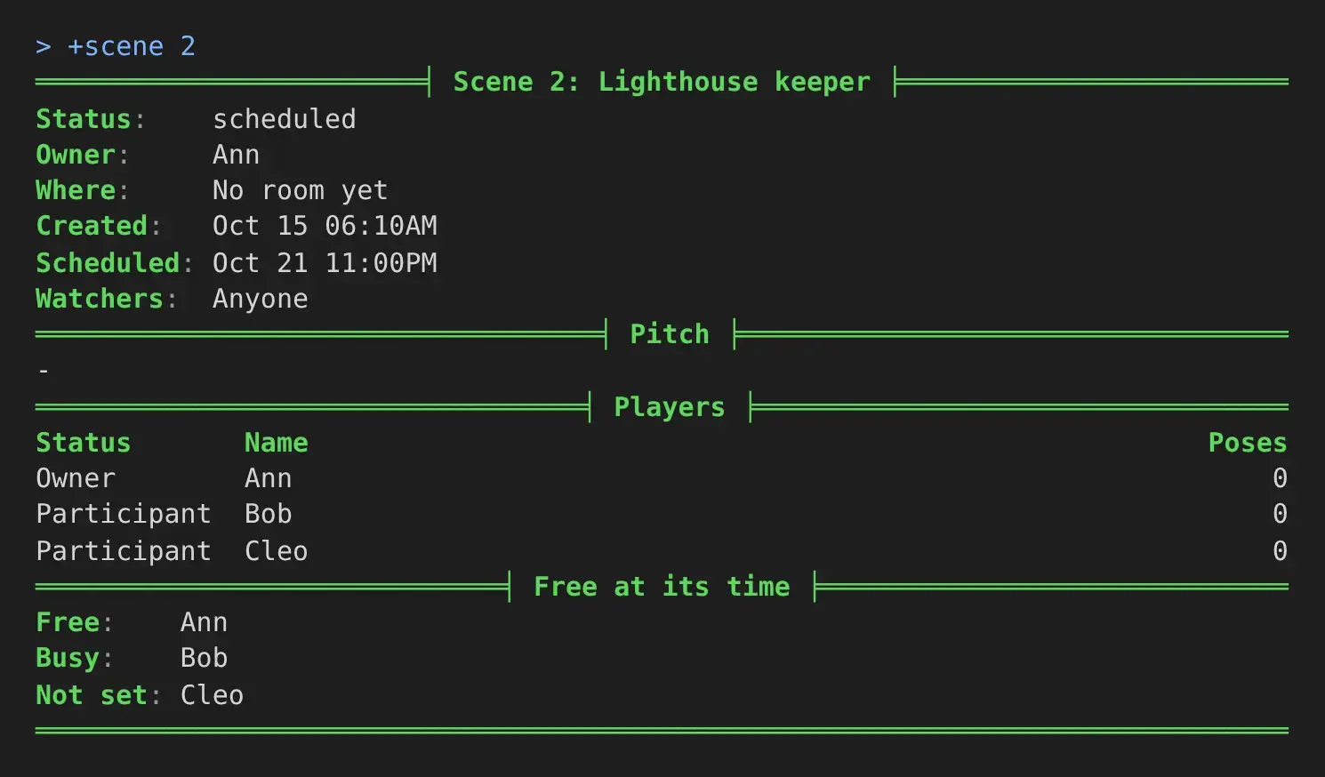 The card of scene 2 in a terminal: its details, its three players, and under them a Free at its time section naming Ann free, Bob busy and Cleo not set