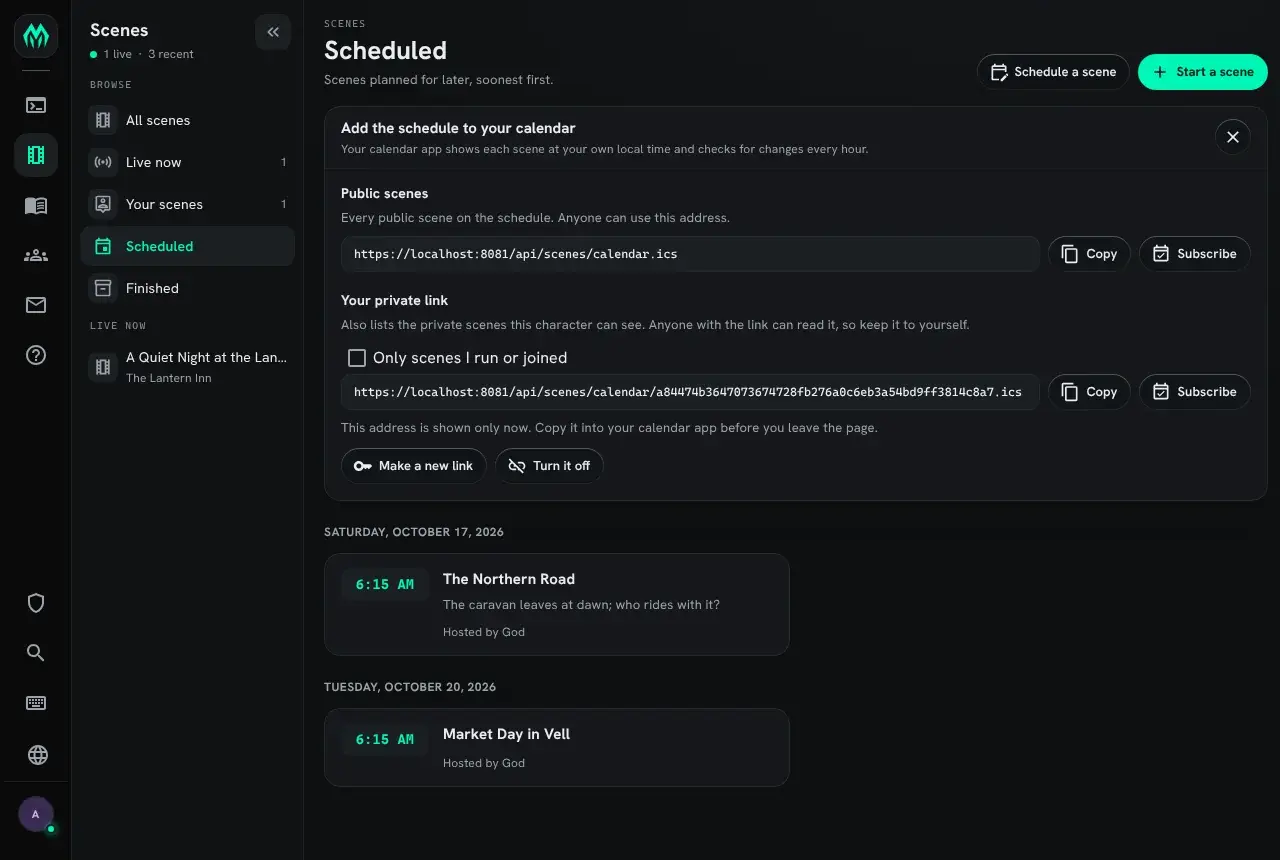 The Add to calendar card on a desktop browser, above the scheduled scenes: the public address and a private link, each with Copy and Subscribe.