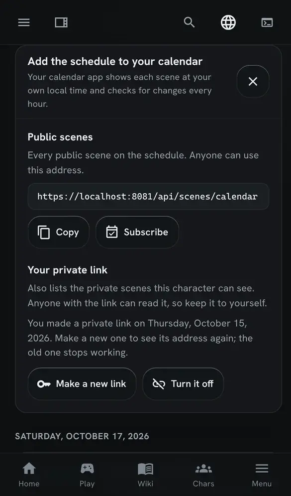 The Add to calendar card on a phone: the public address with Copy and Subscribe buttons, and a private link section that says when the link was made, with Make a new link and Turn it off buttons.
