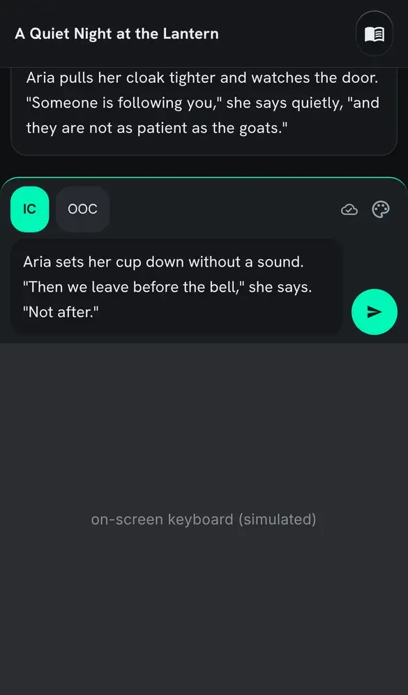 The live scene page on a phone with the keyboard open (simulated in this picture): the scene's title in one line at the top, the last pose, and the compose sheet resting on the keyboard.