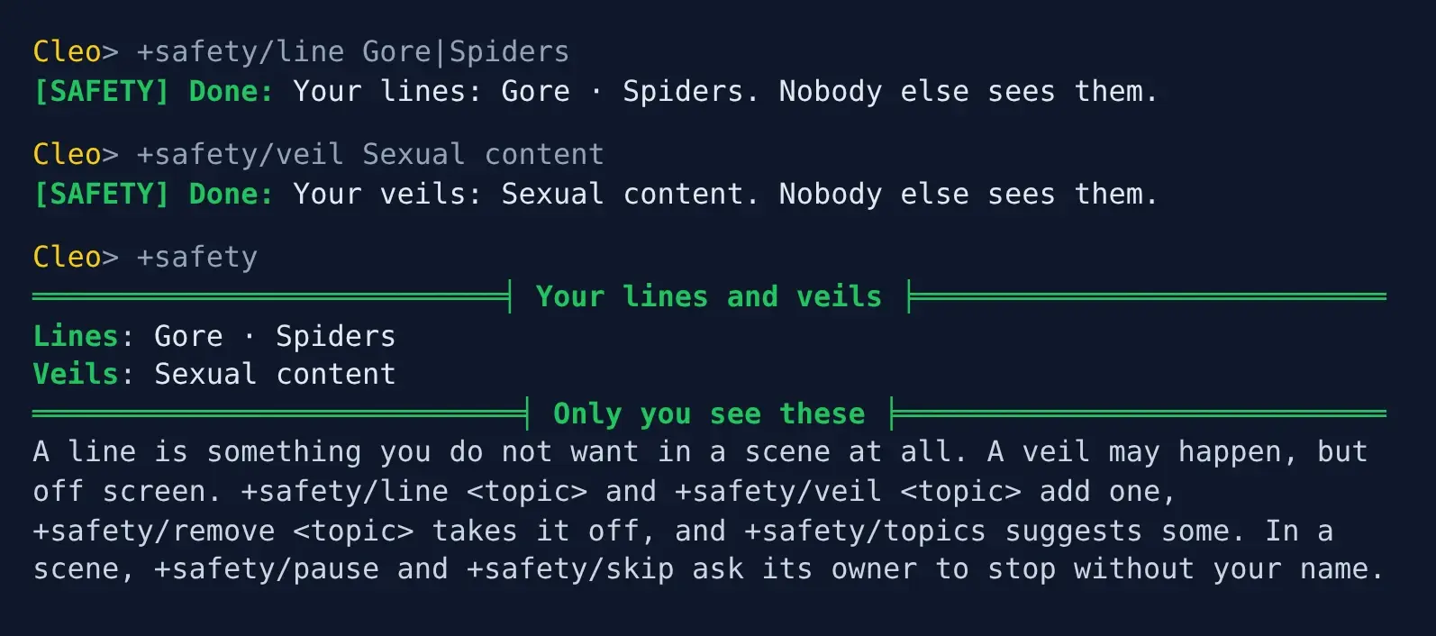 +safety/line, +safety/veil and +safety in a terminal