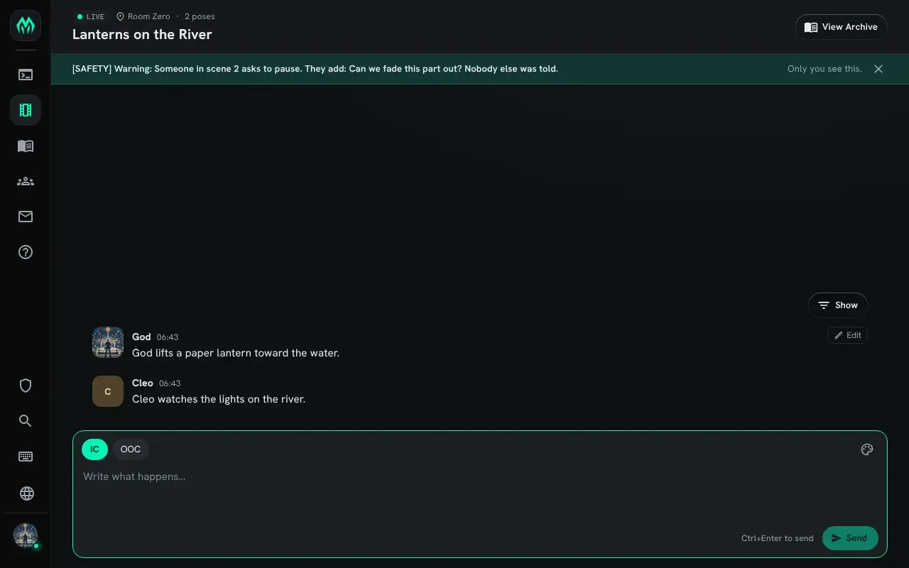 The scene's live page with the banner: Someone in scene 2 asks to pause. Only you see this.