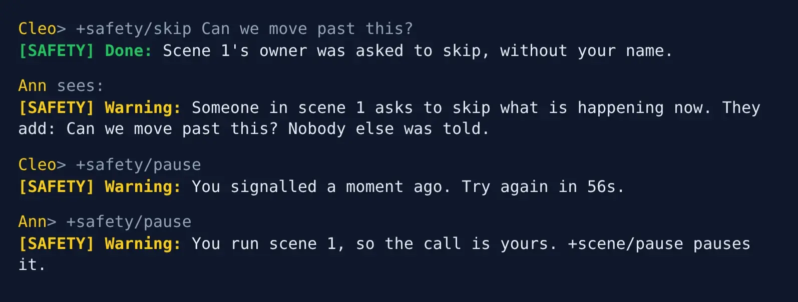 +safety/skip, what the owner sees, and two pauses refused