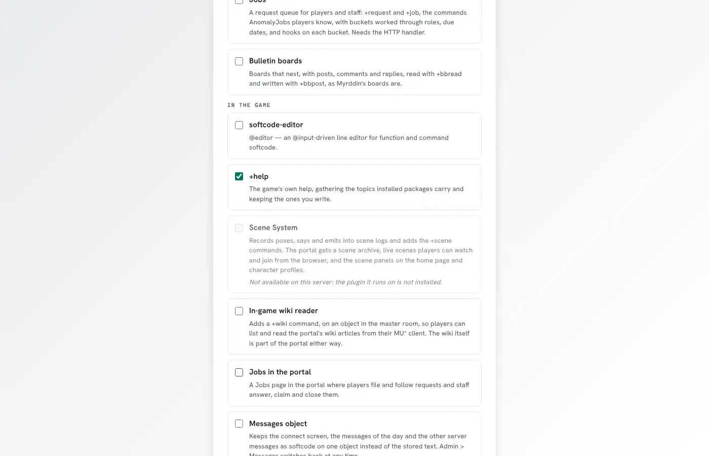 The setup wizard's package list: Scene System is greyed out with "Not available on this server: the plugin it runs on is not installed."