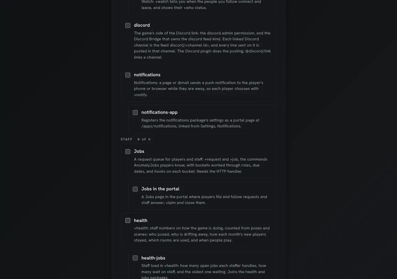 The setup wizard's Staff group, 0 of 4 chosen: Jobs with Jobs in the portal listed under it, and health with health-jobs listed under it