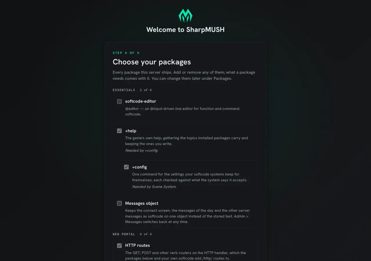 Step 4 of 4, Choose your packages: the Essentials group, 2 of 4 chosen, lists softcode-editor, +help with +config under it, and Messages object; the Web portal group follows
