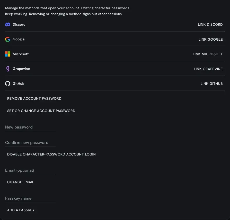 The Sign-in methods card: one row each for Discord, Google, Microsoft, Grapevine and GitHub with their Link buttons, then the buttons for the account password, character-password sign-in, email and passkeys.