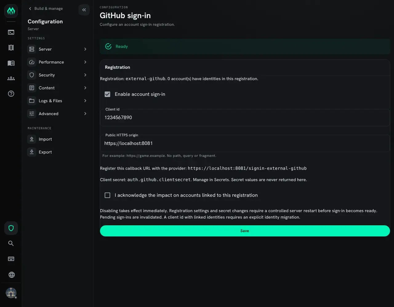 The GitHub sign-in page: Ready, the registration name, Enable account sign-in, the client id, the public HTTPS origin, the callback address to register, the secret's name, and Save.