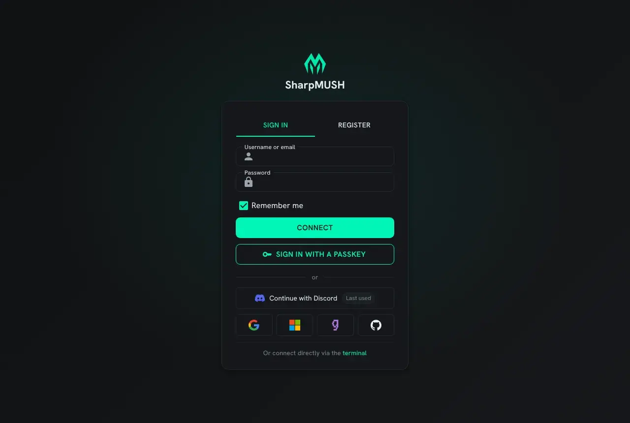 The sign-in page: the username and password form, Sign in with a passkey, then Continue with Discord marked Last used, and under it a row of logo buttons for Google, Microsoft, Grapevine and GitHub.