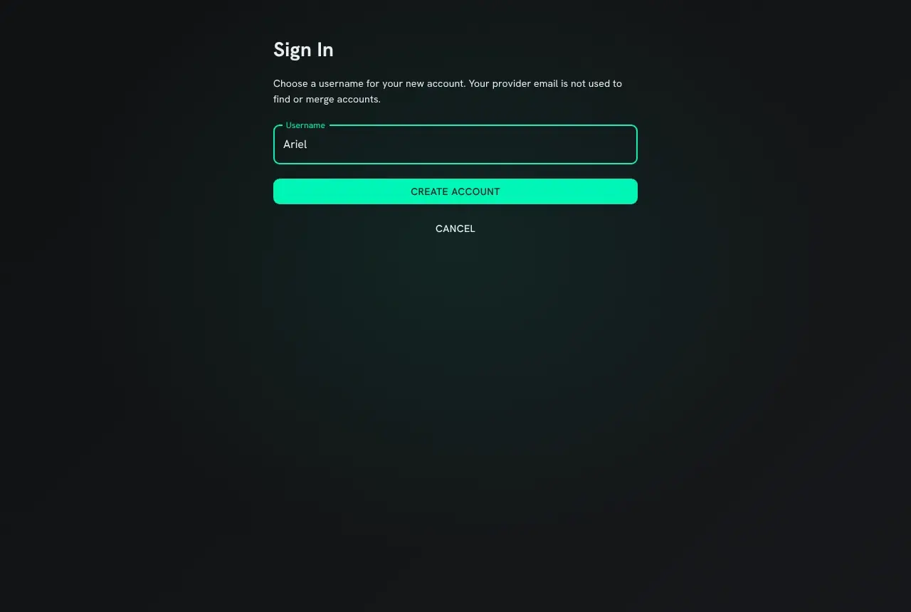 The page a new player reaches: choose a username for your new account, with the username Ariel typed in, a Create account button and Cancel.