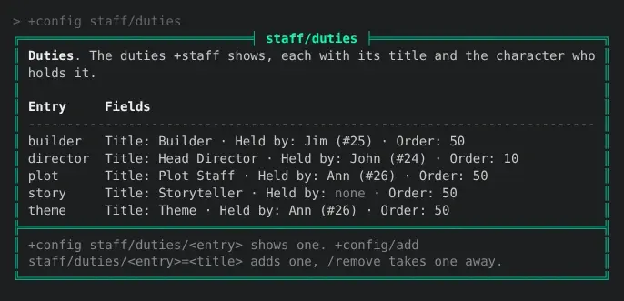+config staff/duties: a table with one row per duty, its title, who holds it and its order. Storyteller is held by none.