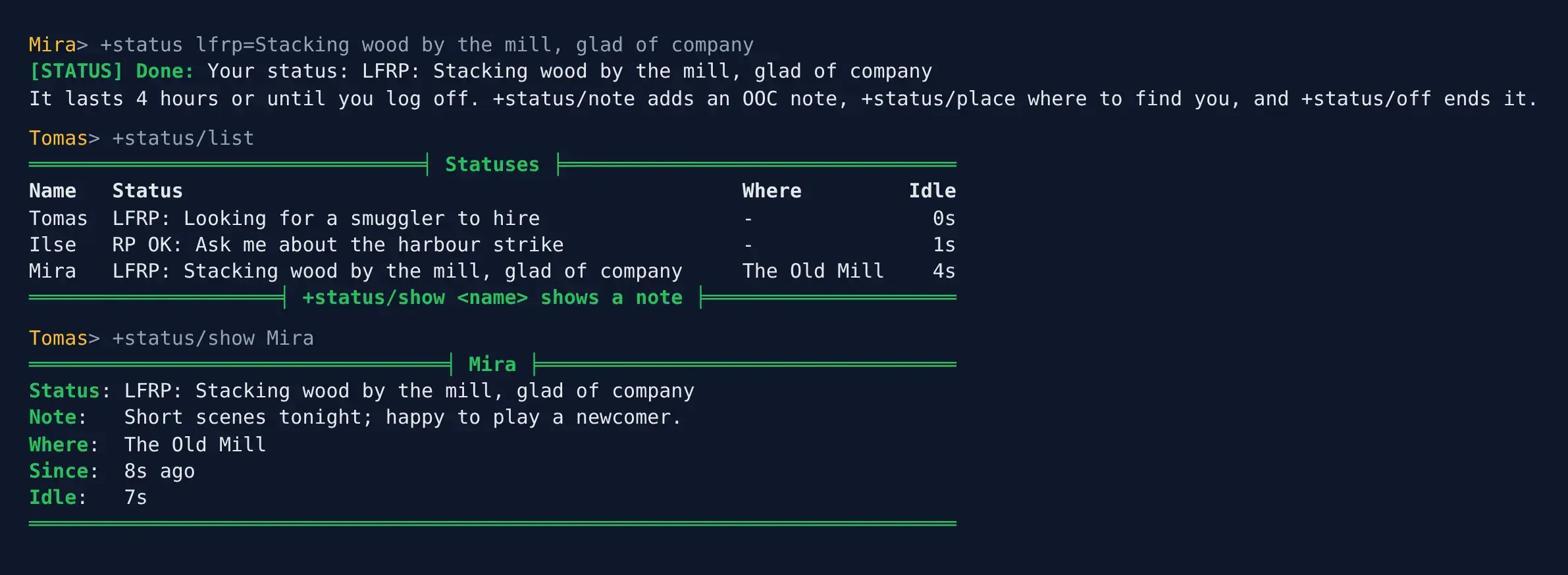 +status lfrp, +status/list and +status/show in a terminal