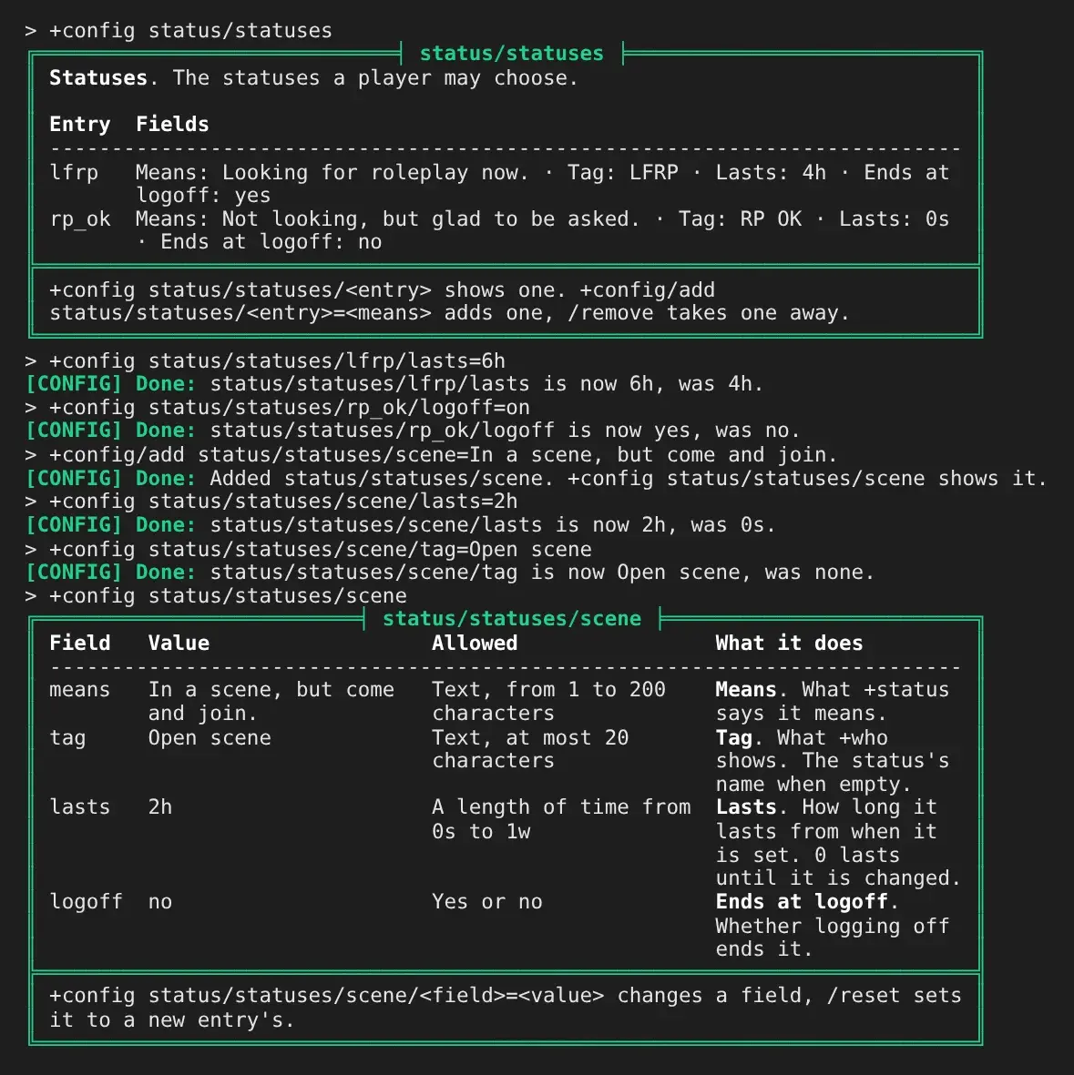 The statuses listed, three fields changed, a status added, and the new status shown in full