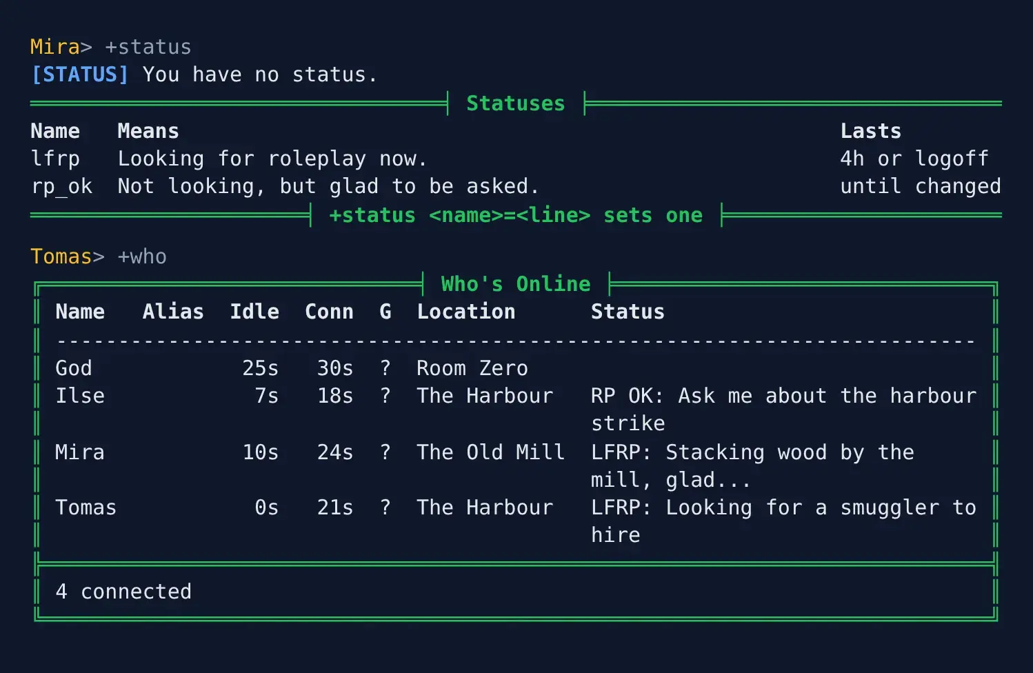 +status and +who in a terminal