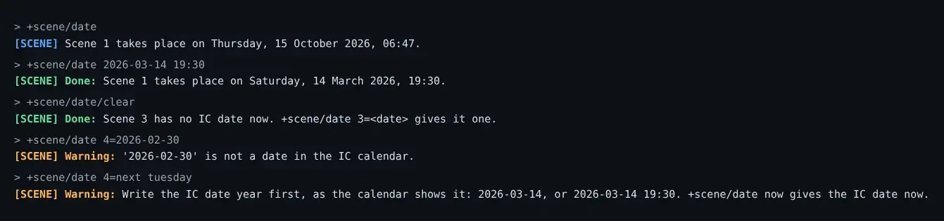 The dating commands in a colour client: the date now, a date set, a date cleared, and two refusals in the warning colour