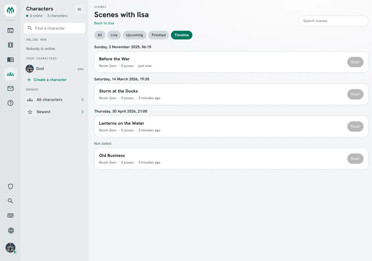 The portal's Scenes with Ilsa page with the Timeline chip chosen: Before the War under Sunday, 2 November 2025, then Storm at the Docks, Lanterns on the Water, and Old Business under Not dated