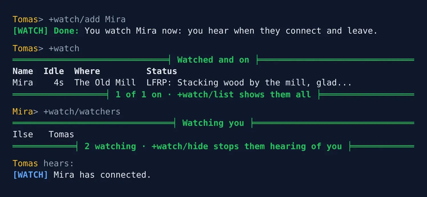 +watch/add, +watch, +watch/watchers and a connect notice in a terminal