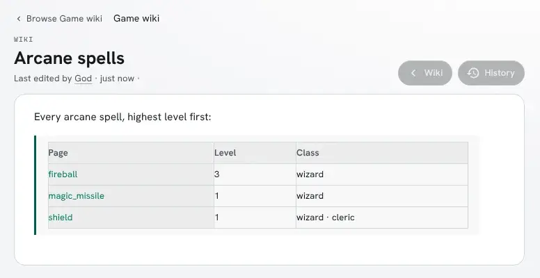 The Arcane spells page in the portal: its sentence, then a table of fireball (3, wizard), magic_missile (1, wizard) and shield (1, wizard · cleric).