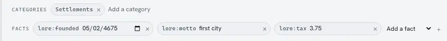 The editor for Sandpoint: Categories Settlements, then Facts with lore in a date picker showing 05/02/4675, lore first city, and lore 3.75.