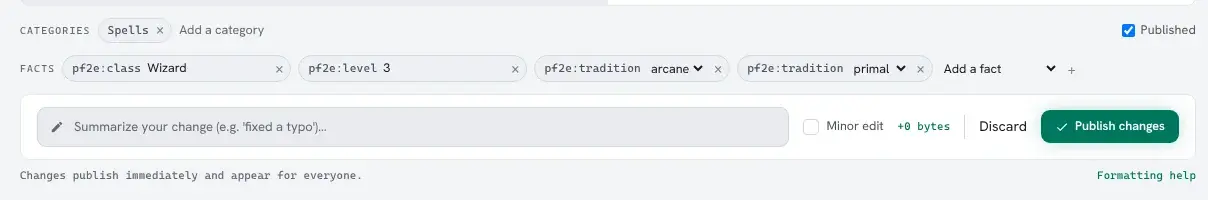 The editor's Facts row: pf2e Wizard, pf2e 3, and two pf2e boxes with keyword lists set to arcane and primal, each with ×, then Add a fact.