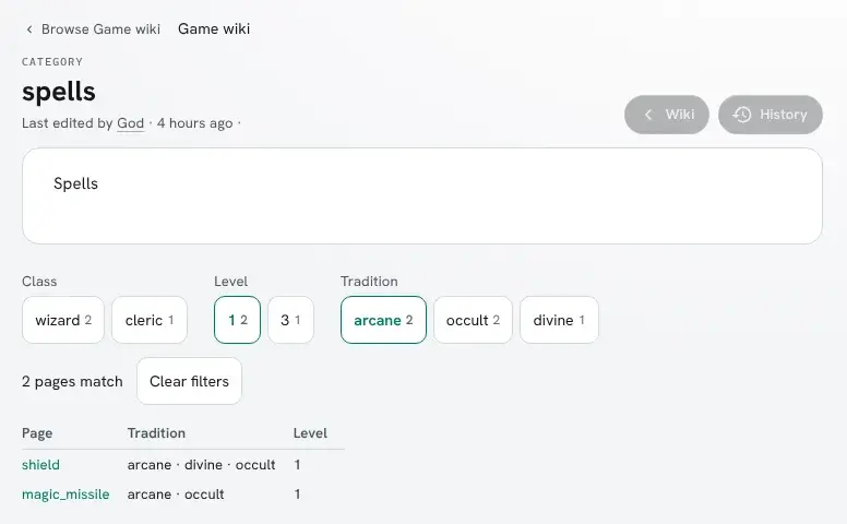 The same page with Level 1 and Tradition arcane chosen: 2 pages match, then a table of shield and magic_missile with their traditions and level. Tradition now counts arcane 2, occult 2 and divine 1.