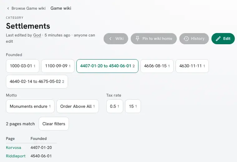 The Settlements category page with the Founded range 4407-01-20 to 4540-06-01 chosen: 2 pages match, then a table of Korvosa (4407-01-20) and Riddleport (4540-06-01). Motto and Tax rate count only those two.
