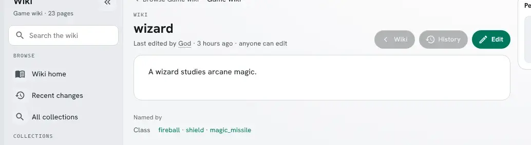 The Wizard page in the portal. Under the text, Named by shows Class fireball · shield · magic_missile.