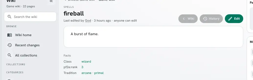 The Fireball page in the portal. Under the text, a Facts list shows Class wizard, pf2e 3 and Tradition arcane · primal, every value a link.