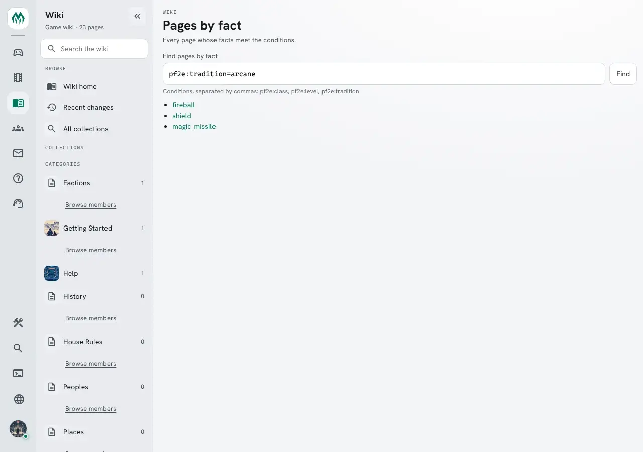 The Pages by fact page with pf2e=arcane in its box, listing fireball, shield and magic_missile.