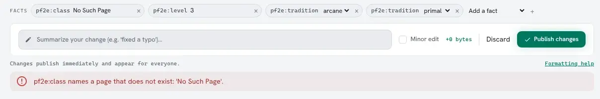 The editor after Publish changes, with pf2e set to No Such Page. Under the save bar: pf2e names a page that does not exist: 'No Such Page'.