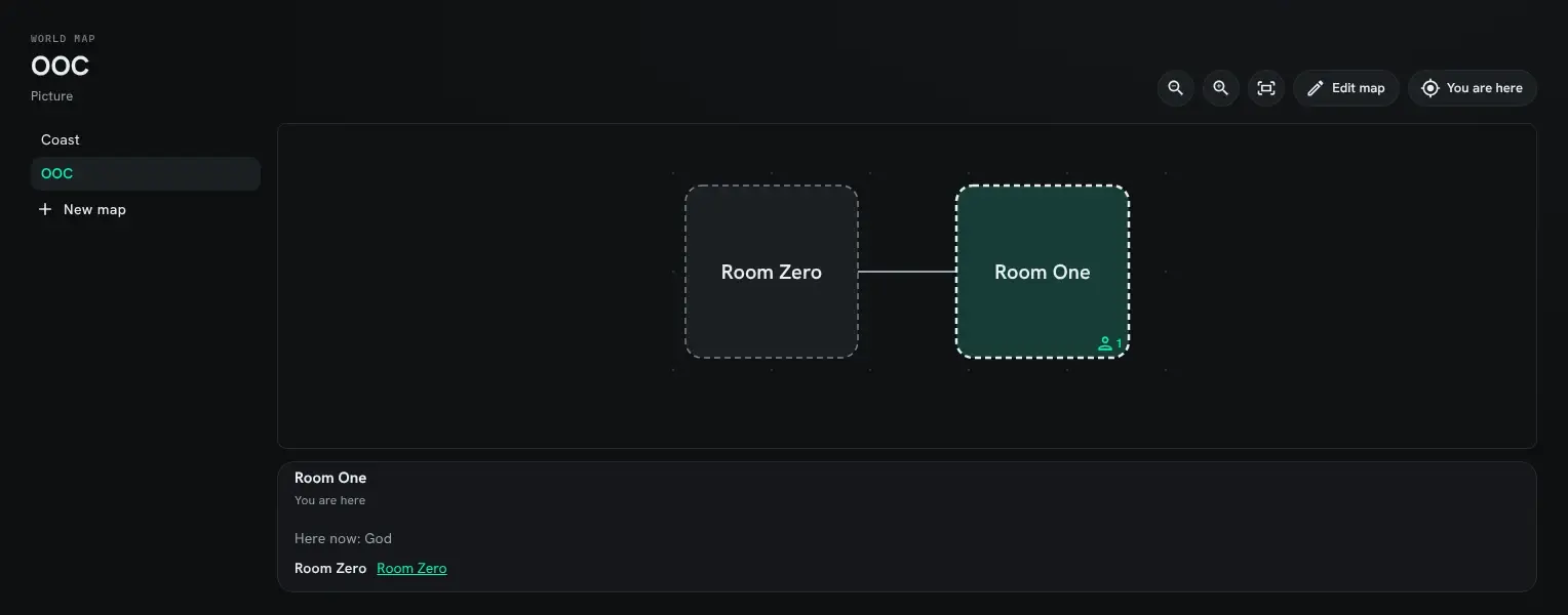 The OOC map after walking from Room Zero to Room One: Room One is now filled in the accent colour as where you are, and the room panel below shows Room One.
