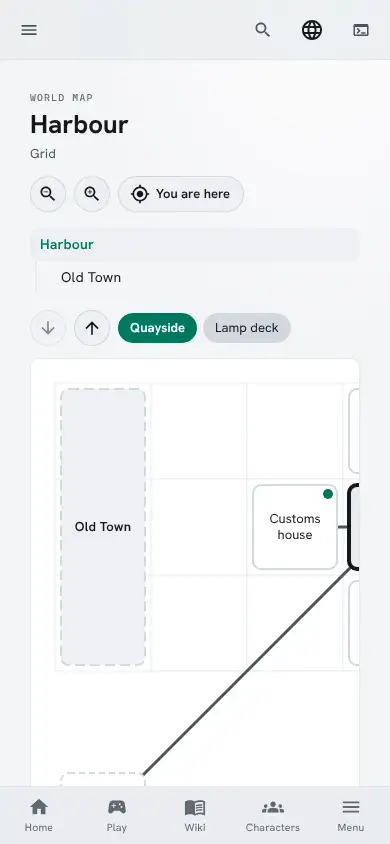 The Harbour map on a phone: the map list above, then the level arrows and buttons, and the grid.