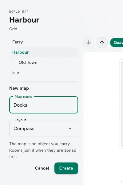 The New map form under the map list: the name Docks, the layout Compass, a note that the map is an object you carry and that rooms join it when they are zoned to it, and Cancel and Create.